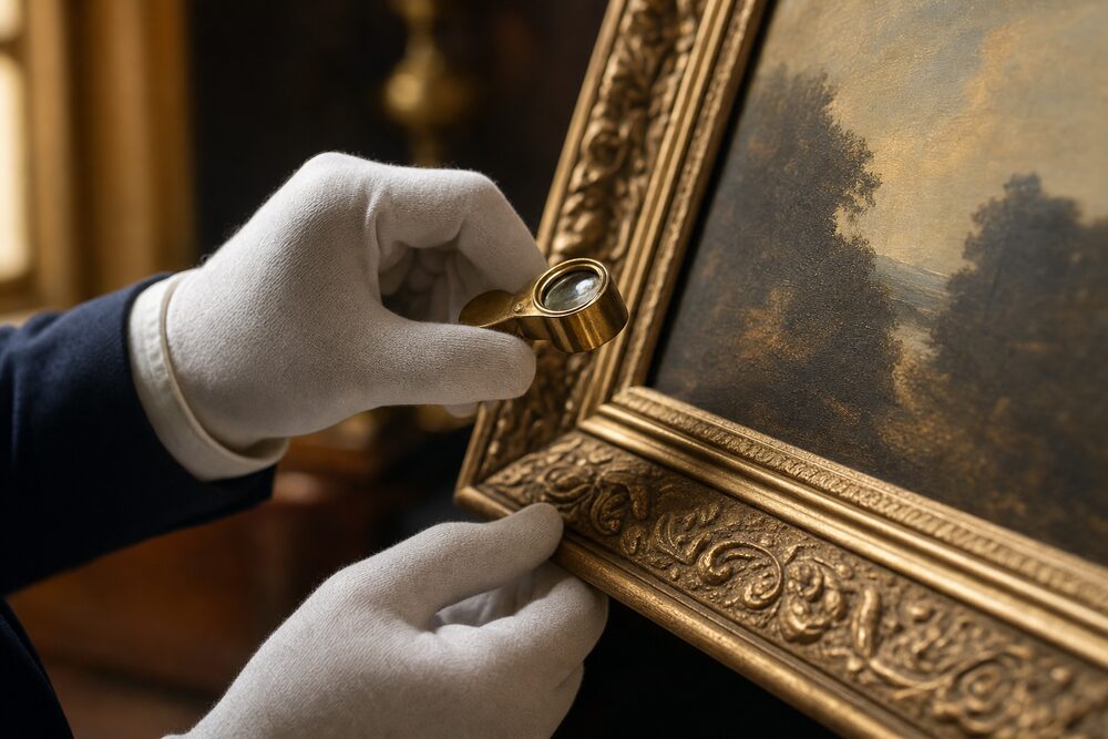 White-gloved hands examining an antique oil painting in a gilded frame with a jeweler's loupe.
