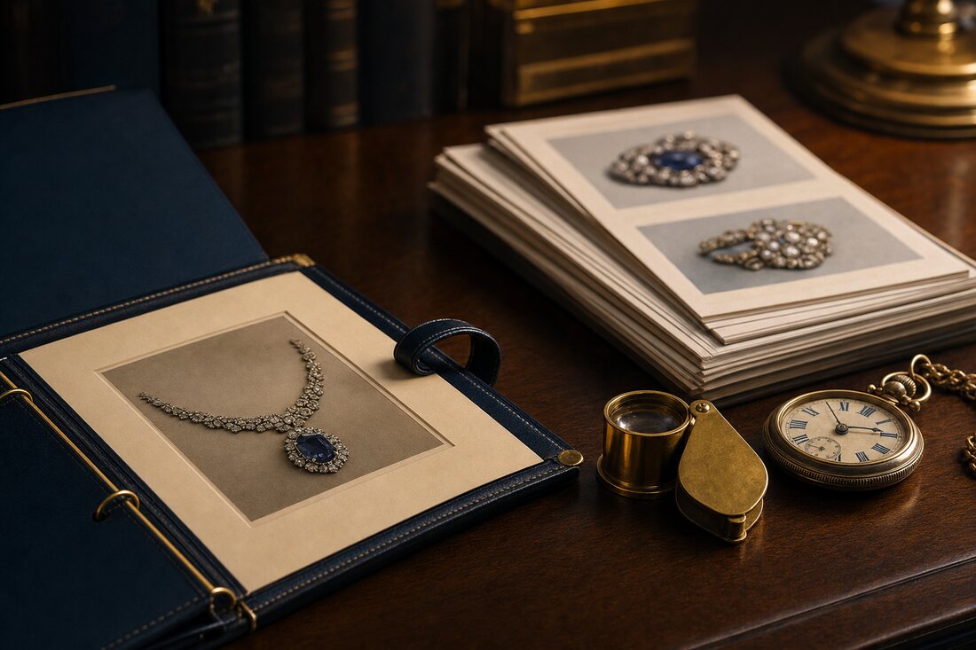 An estate appraisal desk with a leather folio, jeweler's loupe, antique pocket watch, and catalog pages on a walnut surface.